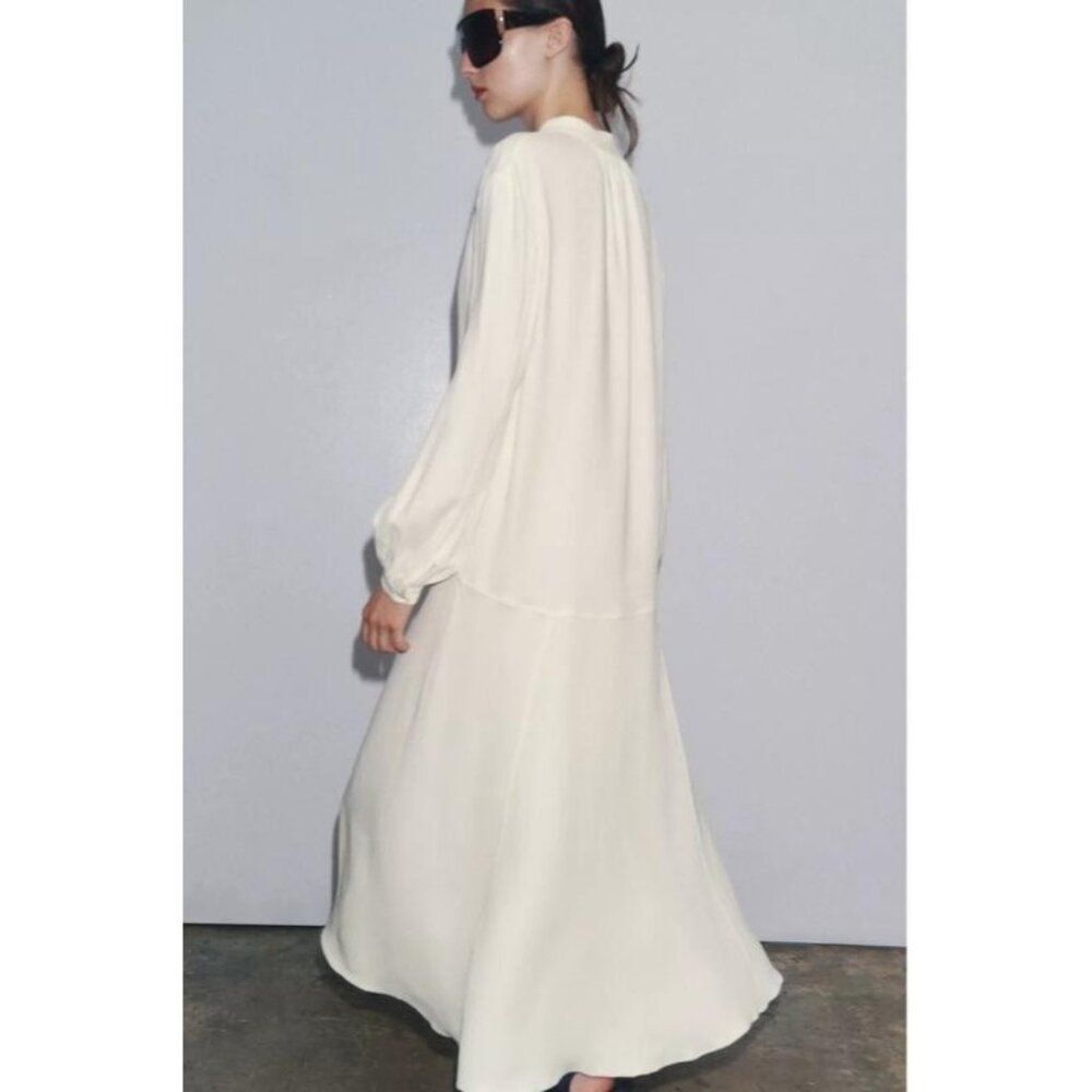Zara Womens Long Kaftan Dress XS Oyster White V-Neck Drawstring 3276/235 NWT - Picture 3 of 15